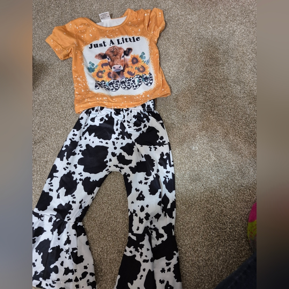 Orange Graphic Tee and Cow Print Pants Set